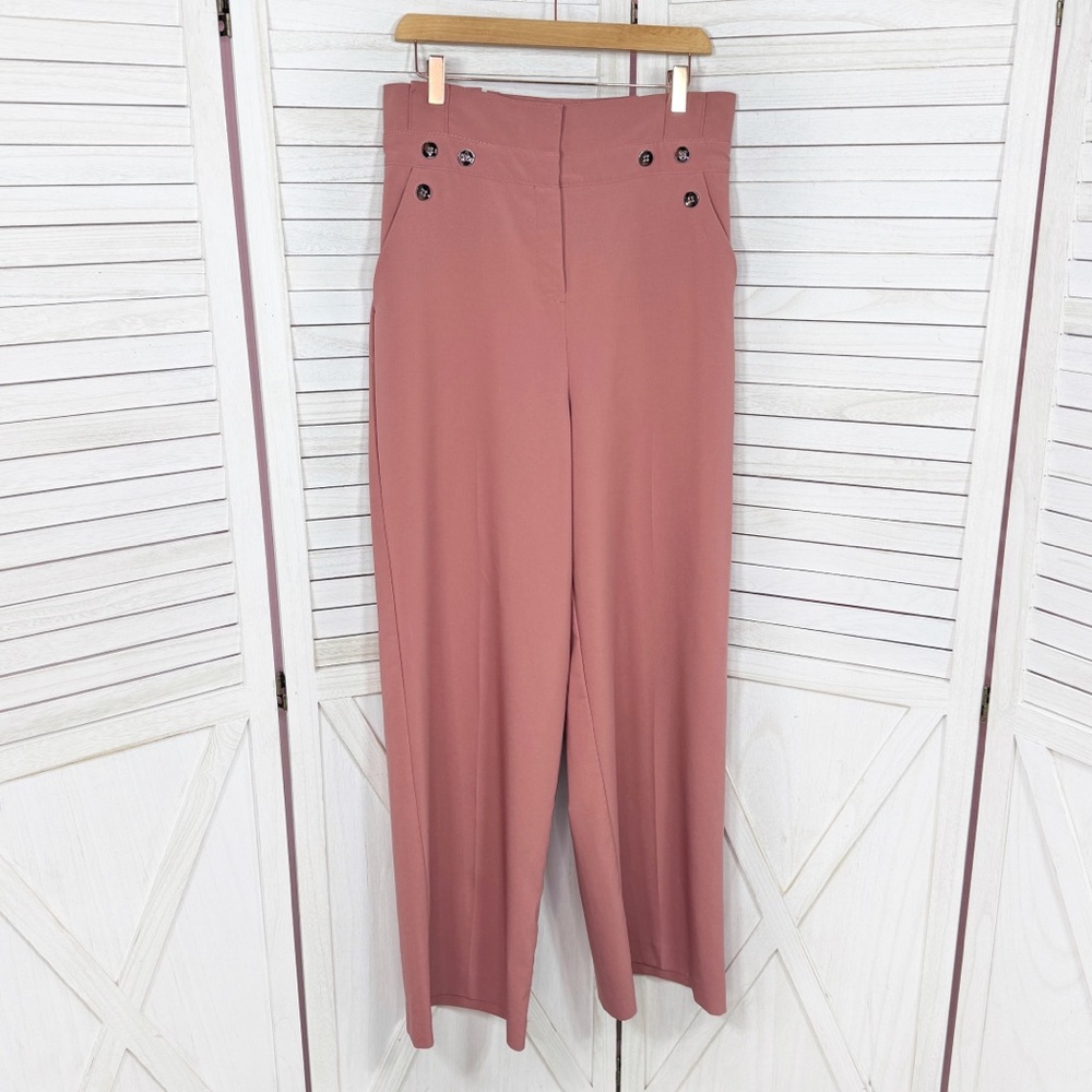 New York & Co. High Waist Button Detail Wide Leg Trouser Pants Dusty Rose 10